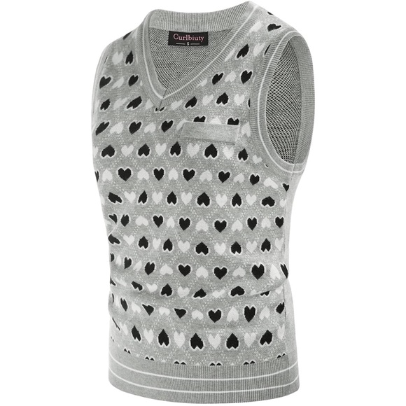 Women's Argyle Sweater Vest Sleeveless V Neck Knit Heart Knitwear Top Grey M - Picture 2 of 6